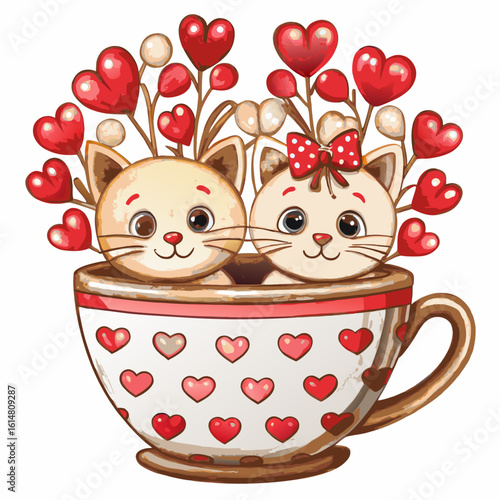 Mascot logo Hand draw cartoon cute for Valentine day with Couple cats and many hearts in cup coffee