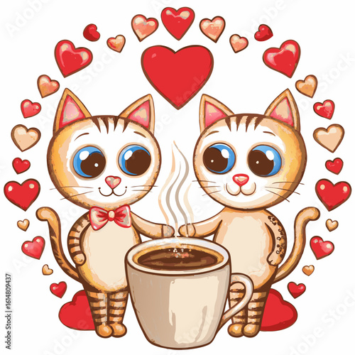 Mascot logo Hand draw cartoon cute for Valentine day with Couple cats and many hearts in cup coffee