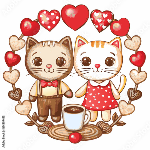 Mascot logo Hand draw cartoon cute for Valentine day with Couple cats and many hearts in cup coffee