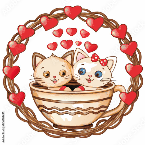 Mascot logo Hand draw cartoon cute for Valentine day with Couple cats and many hearts in cup coffee