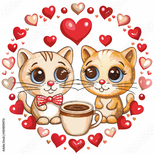 Mascot logo Hand draw cartoon cute for Valentine day with Couple cats and many hearts in cup coffee