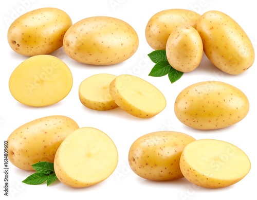 Collection of whole and sliced potatoes