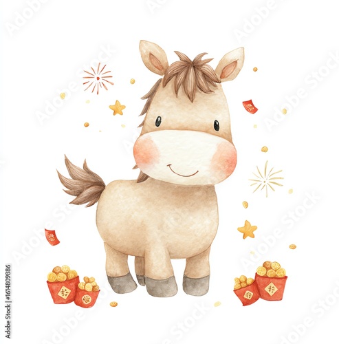 Adorable Watercolor Pony Clipart Festive Celebration Joyful New Year Cheerful Illustration