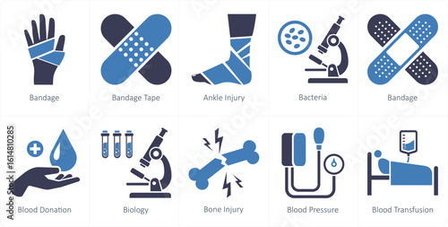 A set of 10 mix icons as bandage, bandage tape, ankle injury