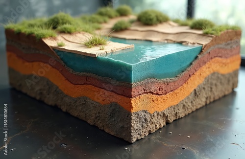Geological cross-section shows stratified earth layers, including soil, clay, sandstone formations. Water table visible below ground surface. Educational model illustrates hydrology, topography,