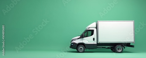 White delivery truck stands on green background, offering ample copy space for online shopping food delivery service banners. Modern vehicle signifies fast, efficient urban logistics, convenient