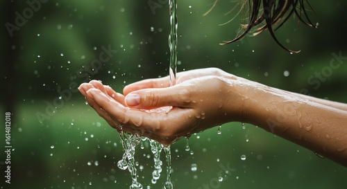 Fototapeta Naklejka Na Ścianę i Meble -  Child Hands Rinsing with Water in Nature Green Background