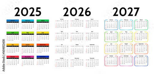 Set of calendars for 2025, 2026 and 2027 on a white background