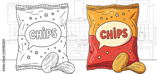 Crispy potato chips bag illustration in kitchen setting