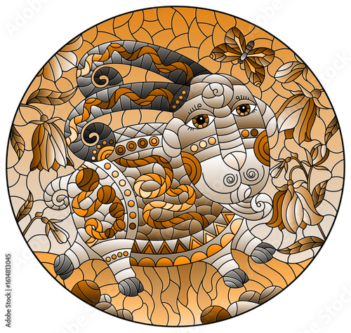 Illustration in the style of a stained glass window with a cute cartoon sheep on the background of a meadow