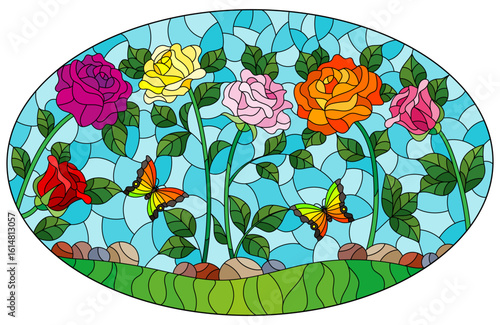 A stained glass illustration with bright roses, and butterflies on a meadow and sky background