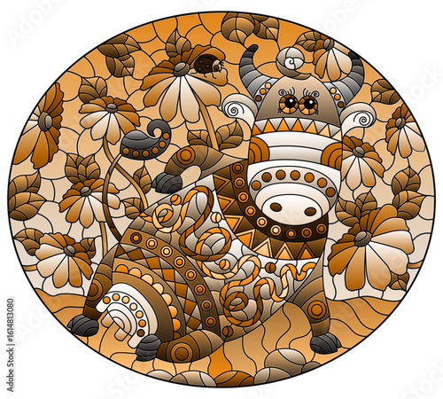 Illustration in the style of a stained glass window with a cute cartoon cow on the background of a meadow, chamomile flowers