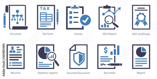 A set of 10 mix icons as structure, tax form, survey