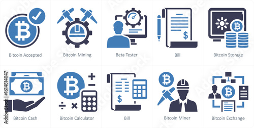 A set of 10 mix icons as bitcoin accepted, bitcoin mining, beta tester