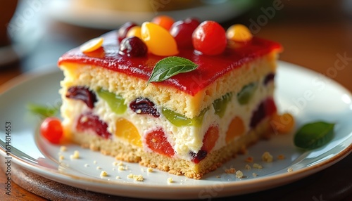 Italian cassata cake slice served on porcelain plate. Layers of sponge cake, ricotta cream, candied fruits like cherries, oranges, grapes. Red jelly glaze topping, garnished with mint leaf. Close-up