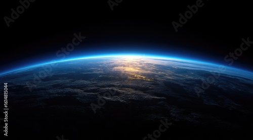 Fototapeta Naklejka Na Ścianę i Meble -  A breathtaking view of Earth from space, showcasing the planet's curvature, a vibrant blue atmosphere, and the sun's glow on the horizon, with a mix of dark and light cloud formations