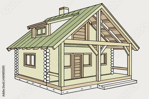 Illustration of a log cabin house with a green roof, dormer window, and exposed timber frame construction