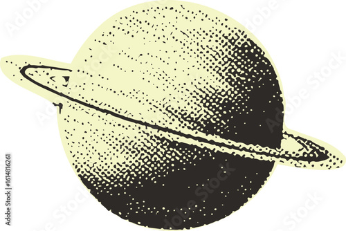 Planet with ring shown in vintage engraving style. Monochrome vector illustration with textured detail and cosmic theme.