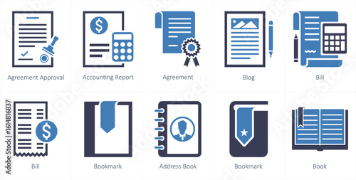 A set of 10 mix icons as agreement approval, accoounting report, agreement