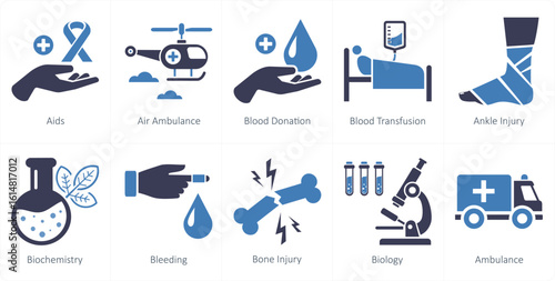 A set of 10 mix icons as aids, air ambulance, blood donation