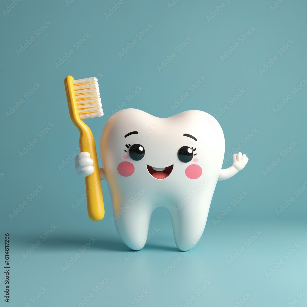 Cute smiling tooth character with a yellow toothbrush promotes dental hygiene for children. This friendly cartoon tooth emphasizes proper brushing habits for healthy teeth and bright smiles. Cute smiling tooth character with a yellow toothbrush promotes dental hygiene for children. This friendly cartoon tooth emphasizes proper brushing habits for healthy teeth and bright smiles.