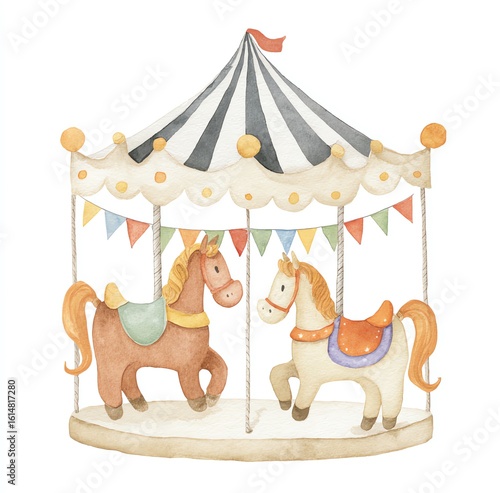 Watercolor Carousel with Two Horses