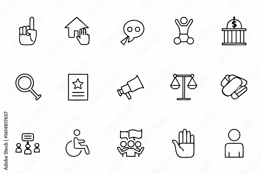 Fototapeta premium A stylized single-line bundle expressing rights, advocacy, and civil empowerment within public policy frameworks. Excellent for editorial artwork, prints, or campaign visuals