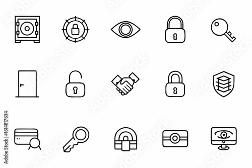 A stylized line art set symbolizing trust, protection, and secure environments. Perfect for banking illustrations, safe storage themes, and educational content