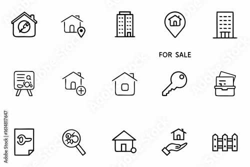 A sophisticated single-line bundle capturing essential real estate elements, ideal for branding, property listings, and agency marketing