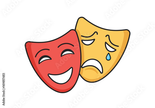 Vector illustration of theatrical masks representing comedy and tragedy, conveying the spectrum of human emotion and performance art