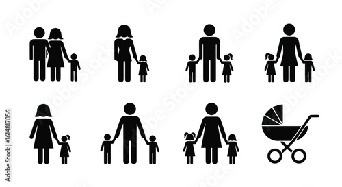 Set of family icons with parents and children and baby carriage vector illustration