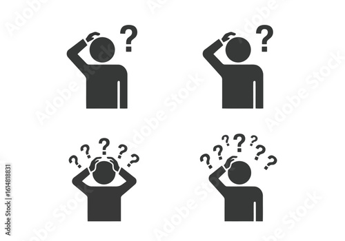 Vector illustration of a person with question marks above their head, symbolizing confusion and uncertainty