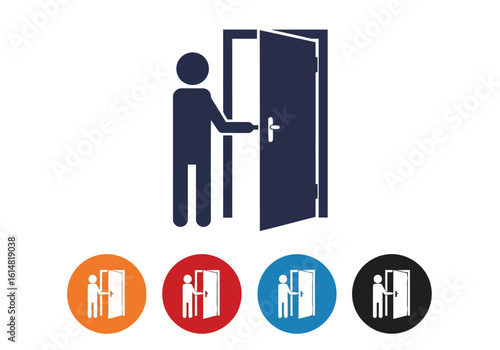 Vector illustration of a stick figure opening a door, representing access and entrance with a simple design