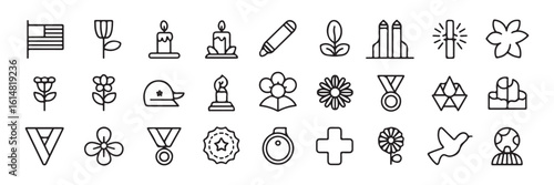 Patriot Day Memorial outline icon bundle – 30 black line icons on white background