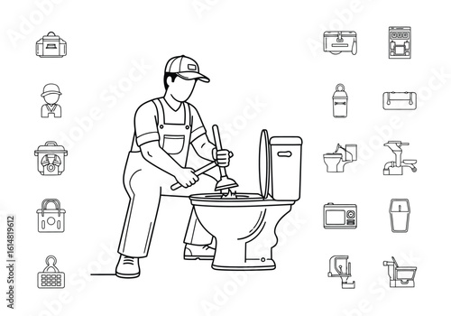 Vector illustration of a plumber using a plunger to unclog a toilet in a bathroom, performing drain repair and maintenance