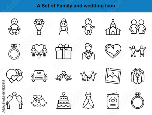 Various family and wedding outline icons convey themes of love, commitment, and joyful celebration