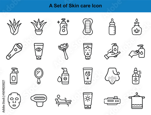 Isolated skincare icons depict aloe plants, creams, lotions, face masks, and beauty devices