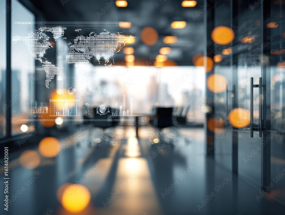 Fototapeta premium Blurred modern office with a world map data overlay