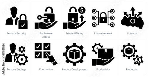 A set of 10 mix icons as personal security, pre release access, private offering