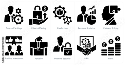 A set of 10 mix icons as personal settings, private offering, production