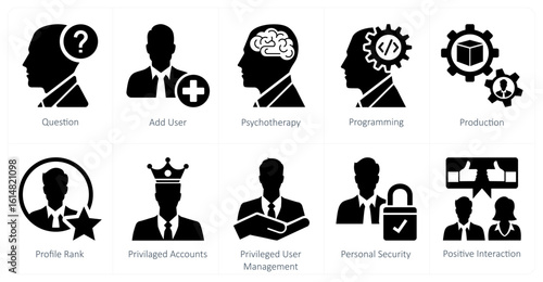 A set of 10 mix icons as question, add user, psychotherapy