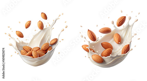 Two almonds Splashing in Plant-Based Milk Isolated on transparent background.