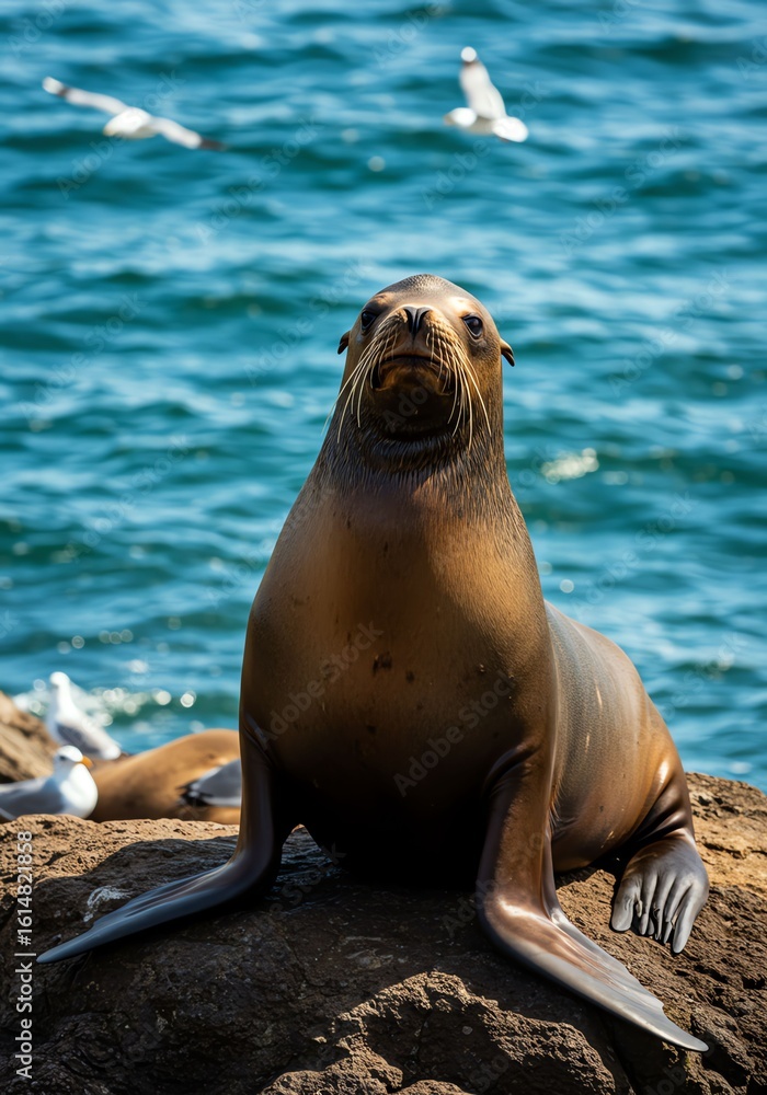 Obraz premium Sea Lion Resting on Rocky Shore in Bright Sunlight with Seagulls Flying in Blue Ocean Background