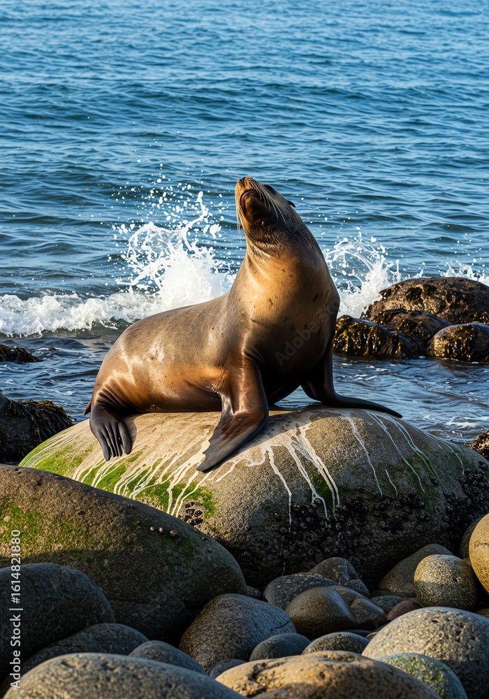 Fototapeta premium Sea Lion Resting on Rocky Shoreline Near Ocean Waves with Bright Sunlight