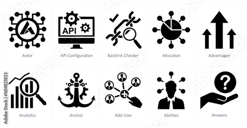 A set of 10 mix icons as ardor, api configuration, backlink checker