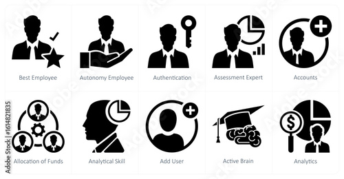 A set of 10 mix icons as best employee, autonomy employee, authentication