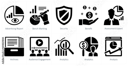 A set of 10 mix icons as advertising report, bench marking, security
