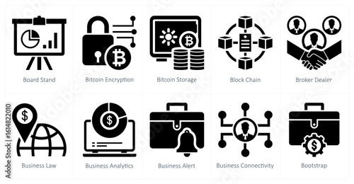 A set of 10 mix icons as board stand, bitcoin encryption, bitcoin storage