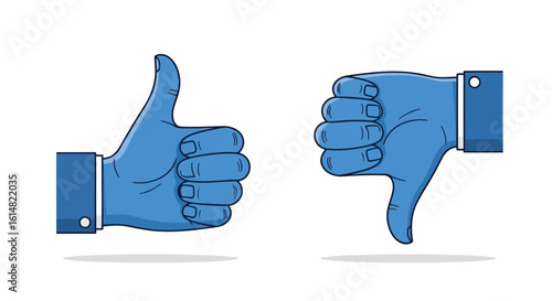 Vector illustration of a thumbs up and thumbs down symbol representing agreement and disagreement, approval and rejection