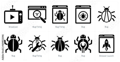 A set of 10 mix icons as broadcast, bug fixing, bug